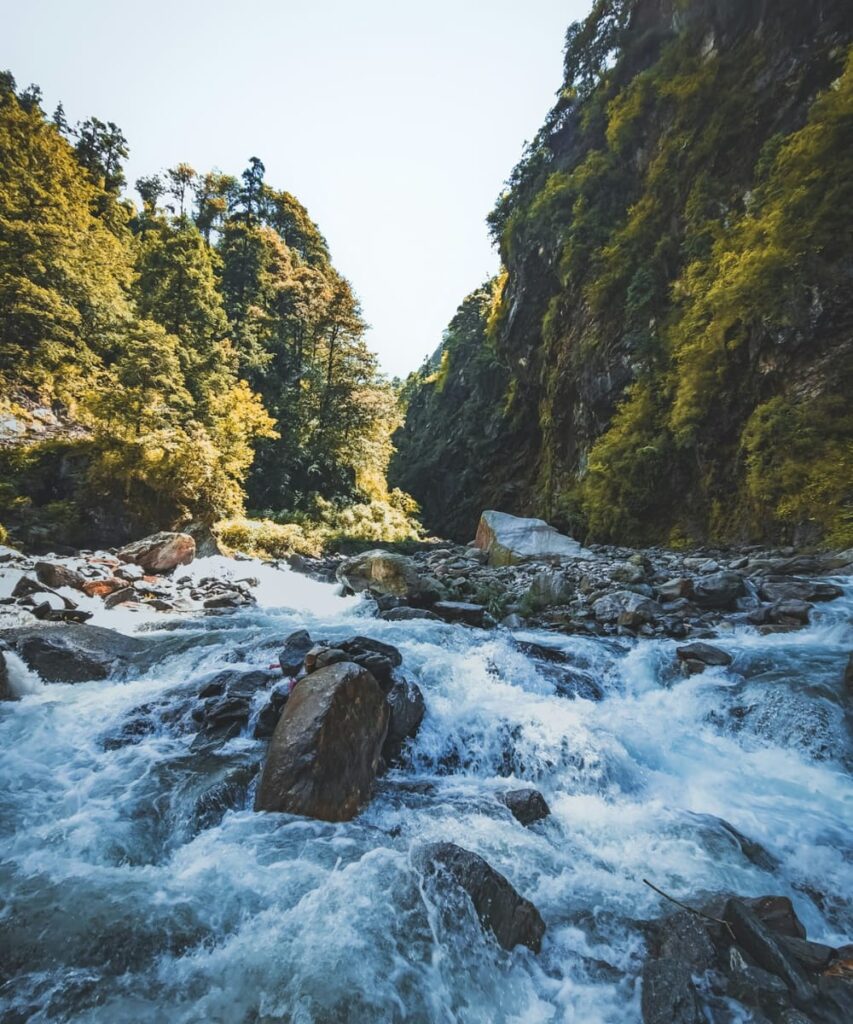 River stream flowing through Himalayan valley during Char Dham Yatra in Uttarakhand.
